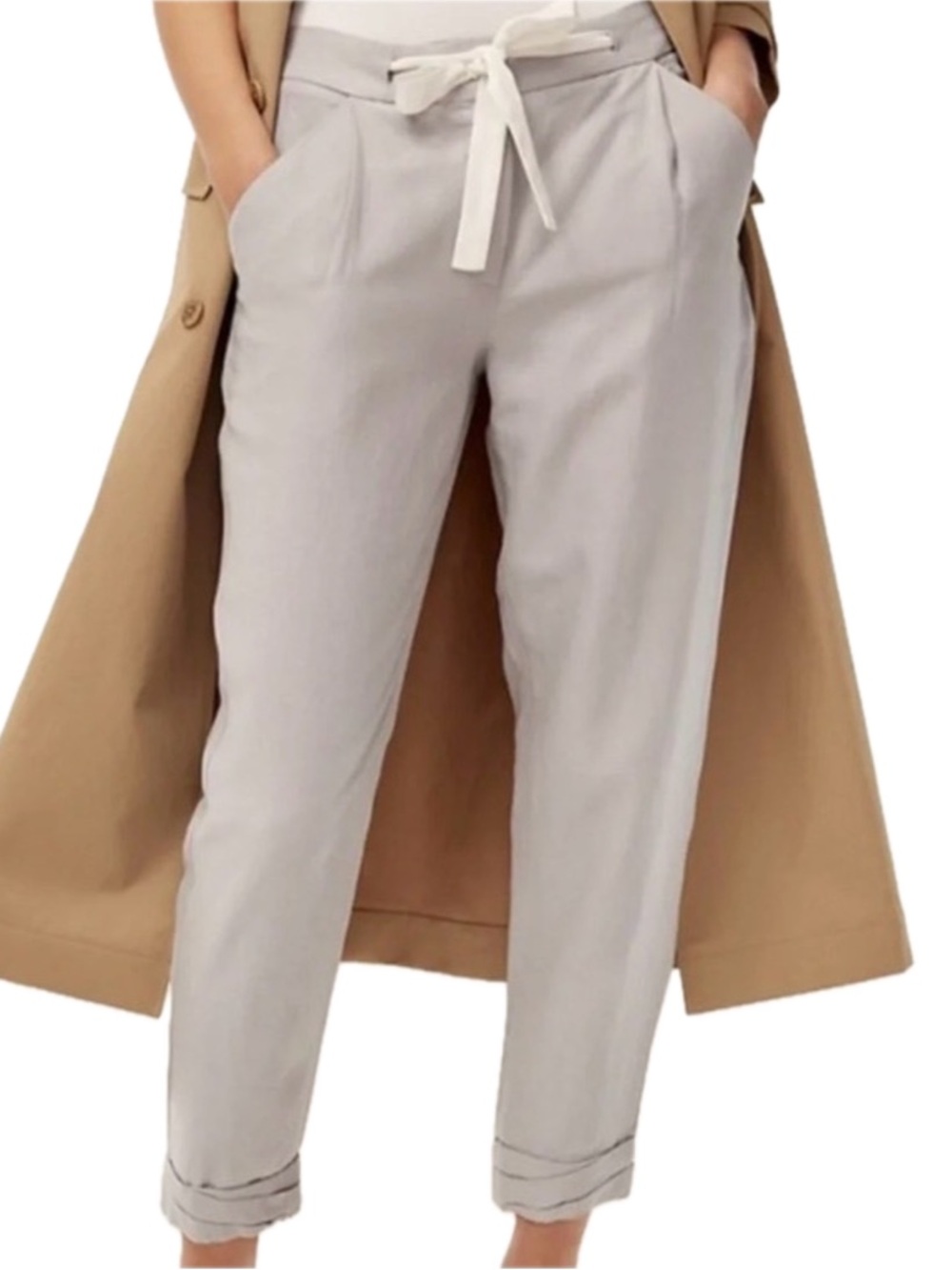Aritzia Wilfred Allant Linen Blend Crop Pants Size 4 Tie Waist Grey